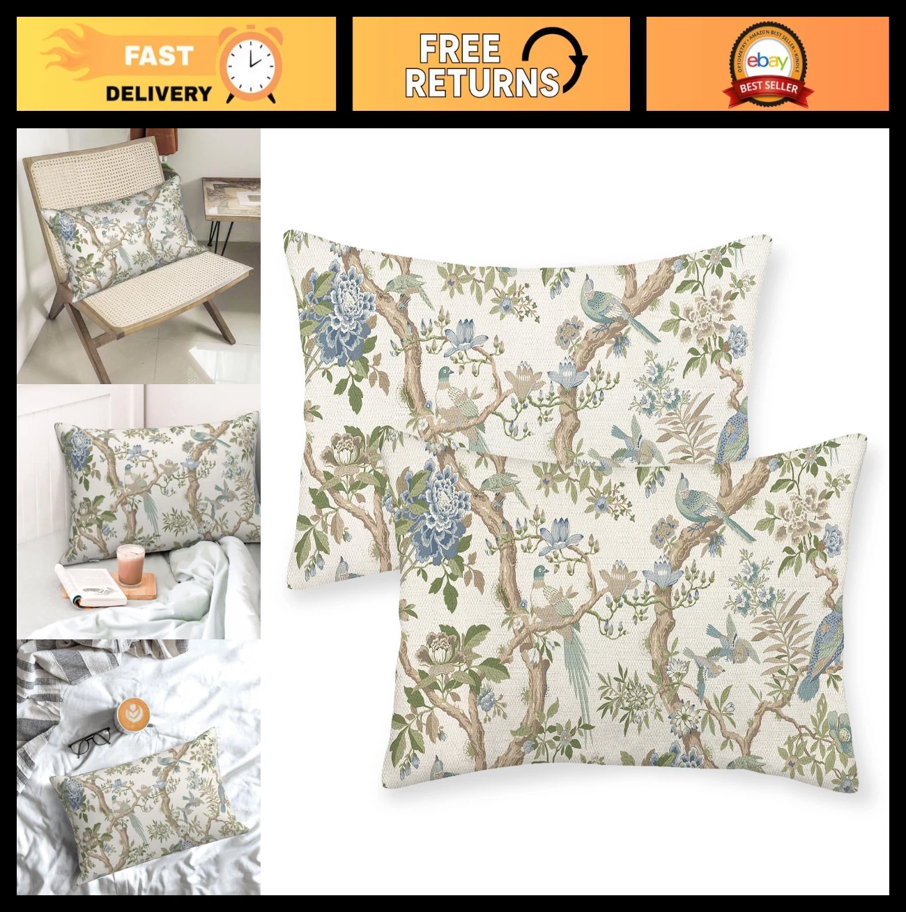 Sage Green Floral Bird Pillow Covers 12x20" - 2 Pcs Vintage Chinoiserie Decor, S
