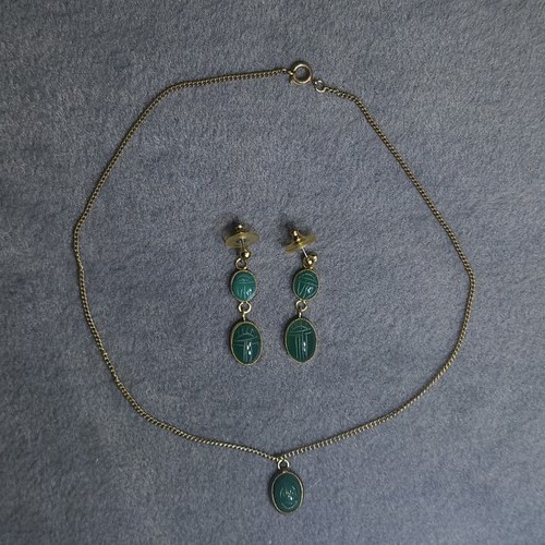 Vintage Egyptian Revival Scarab Beetle Necklace & Dangle Earrings Set Gold Tone