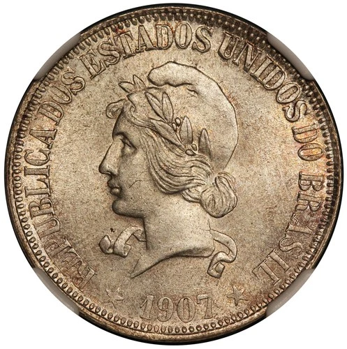 1907 Brazil 1000 Reis Silver Coin - NGC MS 64 - KM #507