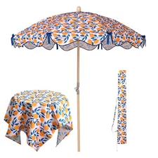 LAGarden Our Beach Umbrella Beech Wood Pole w/ Tablecloth Printed Lemon Tree