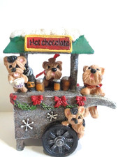 OOAK Hand Sculpted 4 YORKSHIRE TERRIERS "HOT CHOCOLATE" STAND CHRISTMAS Figurine
