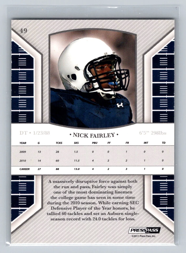 2011 Press Pass Legends #49 Nick Fairley Bronze Parallel 163/250 Penn St Lions  - Image 2 of 2