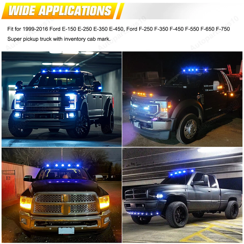 Комплект из 5 синих светодиодных габаритных огней для кабины 99–16 Ford F250 F350 F450 Super Duty - Изображение 2 из 4