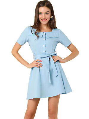 Women's Square Neck Button Decor Short Sleeve Mini Dress | eBay