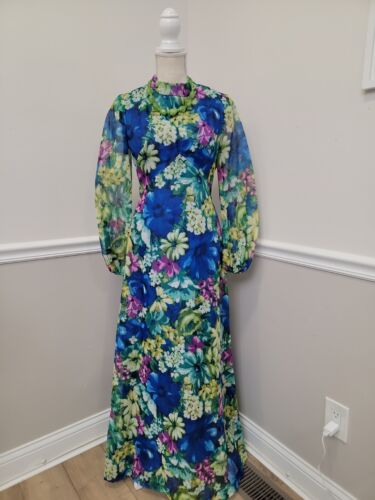 VTG Hostess Floral Chiffon Maxi Dress/ Long Sheer Sleeves/Empire Waist  - Picture 1 of 15
