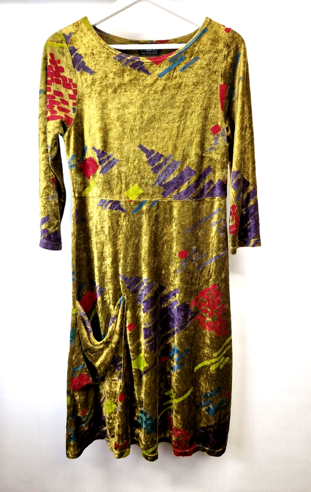 VINTAGE Milieu velvet dress A- Line midi big pocket 3/4 sleeves SIZE S boho 20