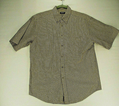Arrow Button Up Shirt Men's Large Beige with Blue Geometric Plaid Button Collar