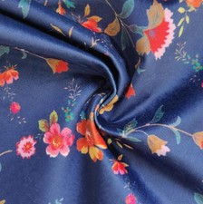 Vintage Velvet Velour Fabric Material - RUSTIC FLOWERS NAVY