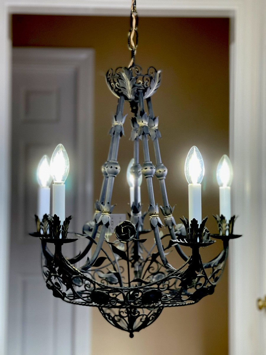 Antique Italian Wrought Iron Tole Black Chandelier Roses