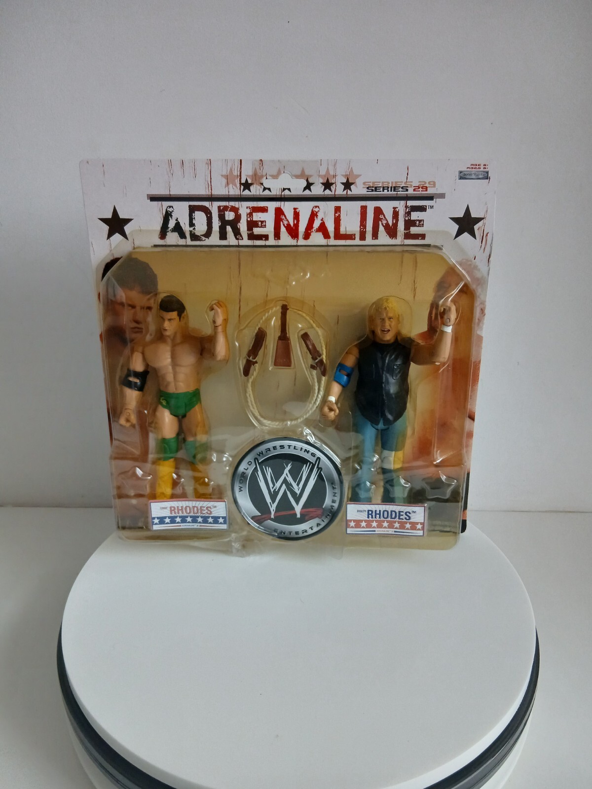 WWE Dusty & Cody Rhodes Adrenaline Wrestling Figure Boxed New + Weapon Cowbell