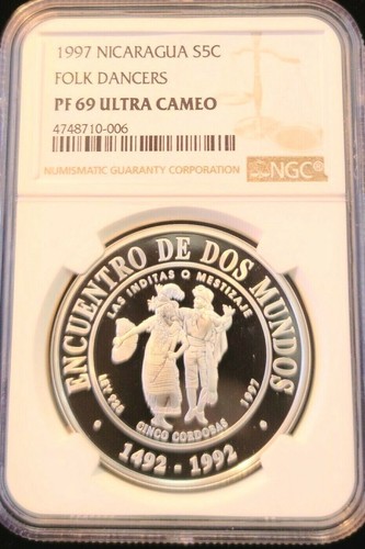 1997 NICARAGUA SILVER 5 CORDOBAS FOLK DANCERS NGC PF 69 ULTRA CAMEO SCARCE !!! - Picture 3 of 3