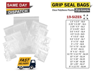 GRIP SEAL BAGS Selbstwiederverschließbar Klar Polyethylen Poly Kunststoff Druckverschluss *Alle Größen*