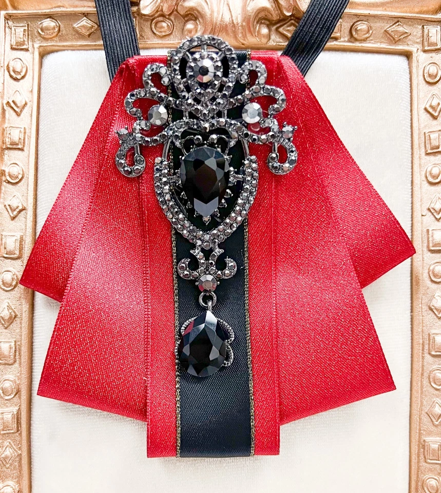 Gravata borboleta de cristal vermelho, gravata infantil, broche de cristal preto, tamanho infantil, 2 em 1 - Imagem 2 de 4