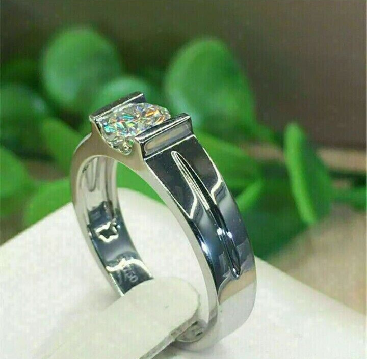 3Ct Moissanite Redonda Hombre Compromiso Solitario Anillo 14K Oro Blanco Chapado