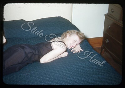 Pretty Woman Lying On Bed Seductive 35mm Slide 1950s Red Border Kodachrome