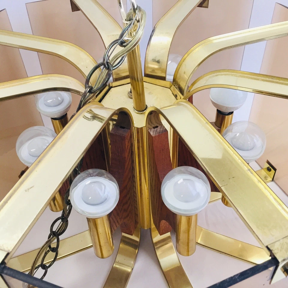 Mid Century Modern 8 Arm 17 Light Chandelier Amber Smoke Glass Oak Brass Vintage - Image 4 of 4