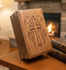 Wooden Urn for Human Ashes-Cross with Angel Wings Engraved-Wooden Urns Handcr...