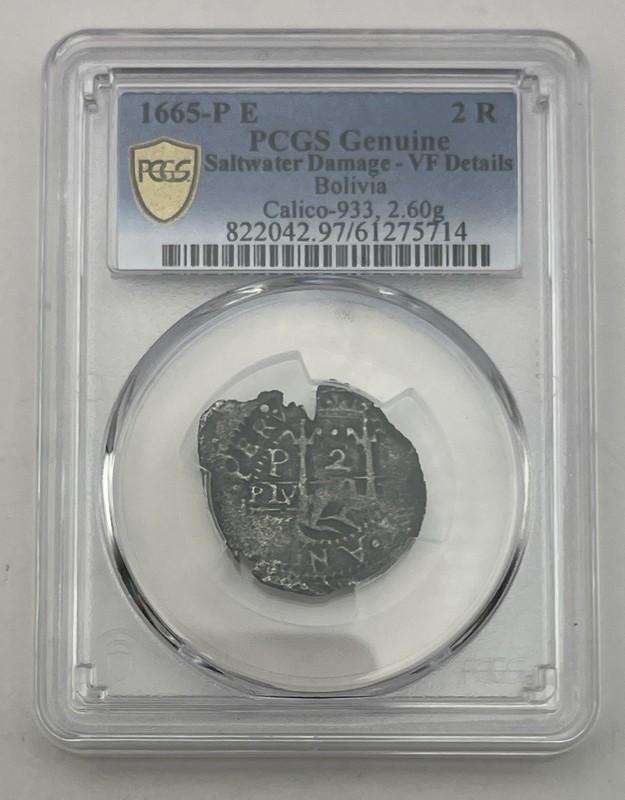 1665-P E 2 Reales PCGS Genuine Saltwater Damage VF Details Bolivia 