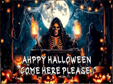 Happy Halloween Banner 71x45" Scary Skulls Grim Reaper Fence Garage Party Decor