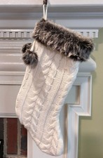 Cream White 18  Cable Knit Christmas Stocking: Faux Fur Grayish Cuff - Tassels
