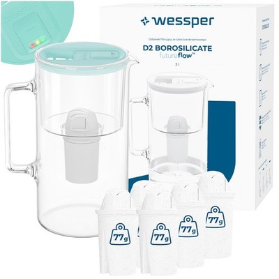 Wasserfilter Kanne Glas minze 3L Wessper LED Filterwechselanzeige 1+5 Filter
