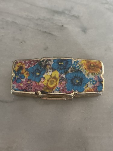 Vintage Floral Pill Box Made in Japan Gold Tone Metal Compact Trinket Case