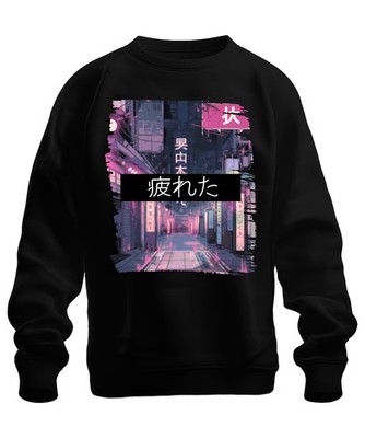疲れた Japan Kanji Neon Cyberpunk Anime Ästhetik Tokio Retro Straße Unisex Sweatshi