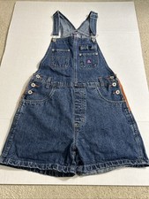 Vtg BUM Equipment Blue Denim Shortalls Short Bib Overalls Y2K 90s Logo Sz Small