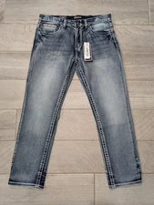 True Luck Men Classic Stretch Straight Jeans 34x30 Thick Stitch Pocket Flaps NWT