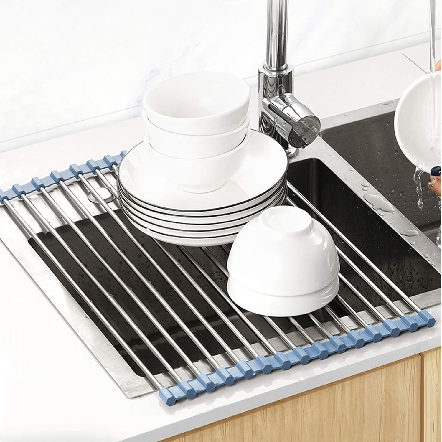 MECHEER Over The Sink Dish Drying Rack, Roll Up Dish Drying Rack Kitchen Dish Ra