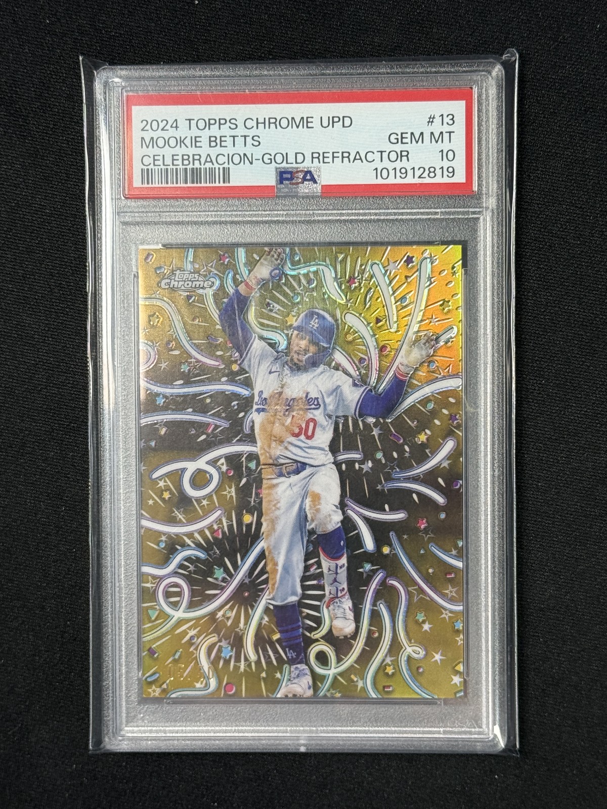 Mookie Betts 2024 Topps Chrome Celebración Gold /50 PSA 10 Dodgers view 1