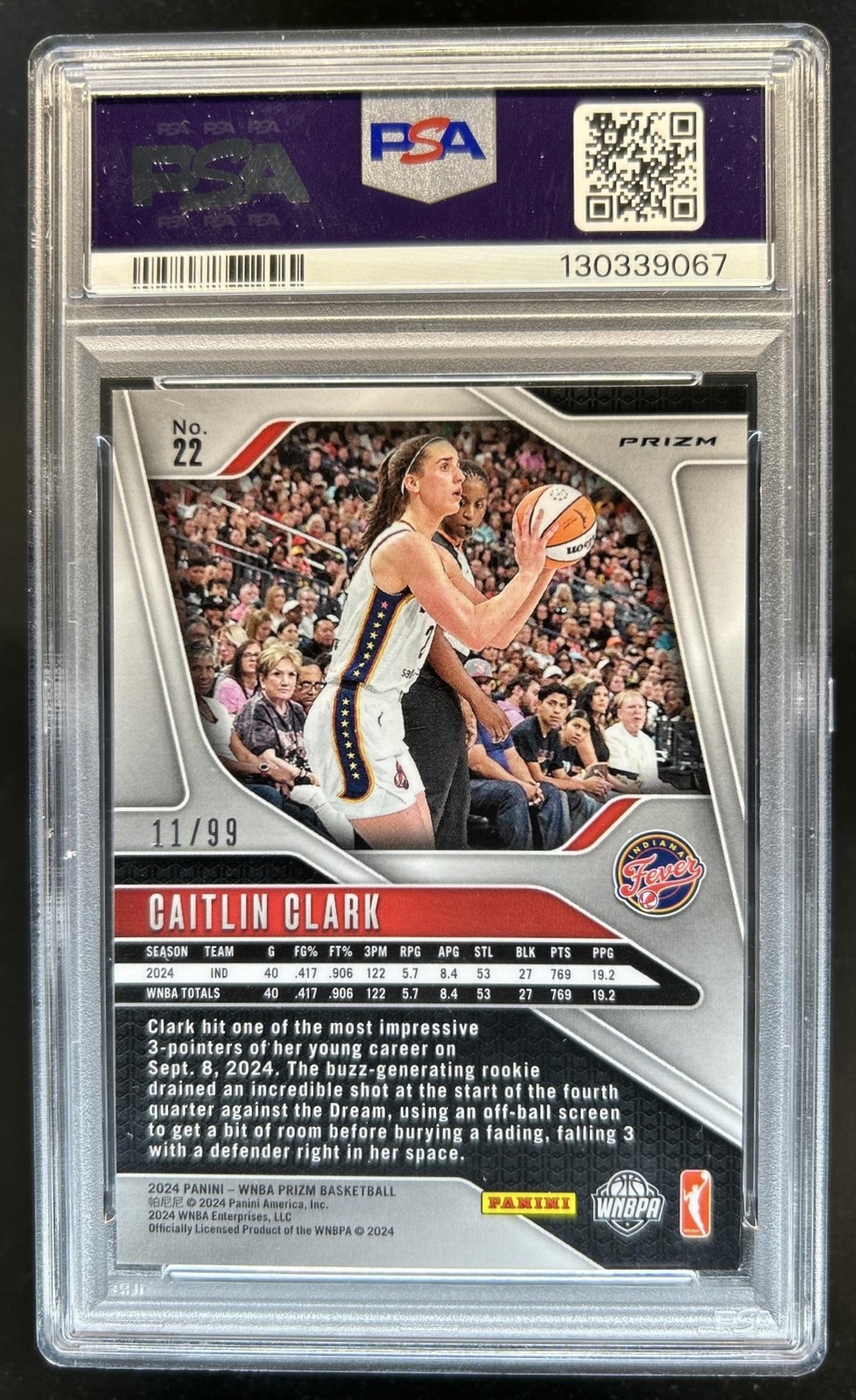 2024 Panini WNBA Prizm Caitlin Clark RC Premium Box Rookie #/99 Fever PSA 9 view 2