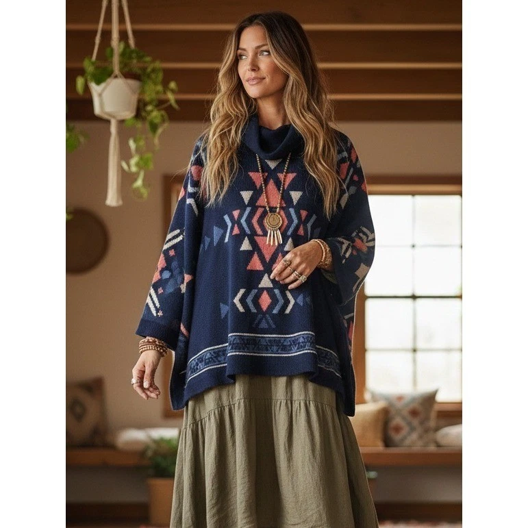 J. Jill Navy Intarsia Funnel Neck Southwest Aztec Poncho Sweater Womens Petite S