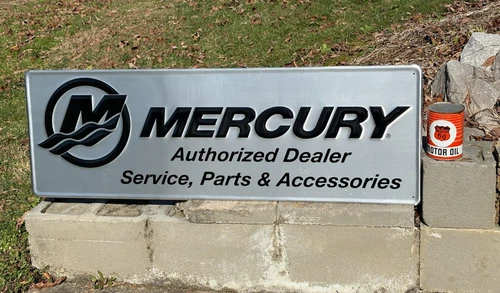 VINTAGE "MERCURY BOATS/MOTORS" EMBOSSED METAL DEALER SIGN, (48"x 16") NOS