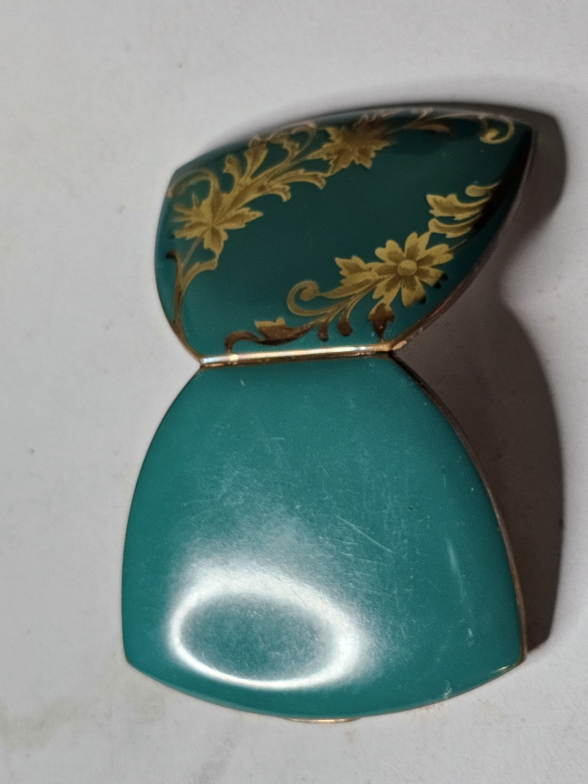 Vintage Elgin Powder Compact Turquoise Gold Floral w Mirror