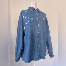 Vintage  90s Cedars Embellished Denim Relaxed Fit Long Sleeve Button Down Shirt