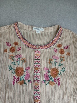 Coldwater Creek Top Medium Embroidered Crinkle Cottage Coastal Beach Bohemian