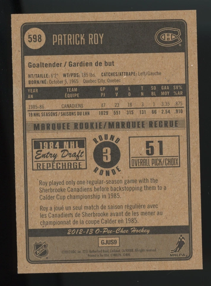 2012-13 OPC #598 Patrick Roy Retro Marquee Rookie O-Pee-Chee Montreal Canadiens - Image 2 of 2