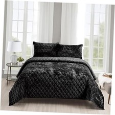 Distressed Velvet Quilt Set, 2 Pieces Distressed Velvet Face and Twin Black