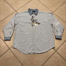 Vintage Looney Tunes Shirt XL Blue Striped Denim Embroidered 90s Taz Bugs Tweety