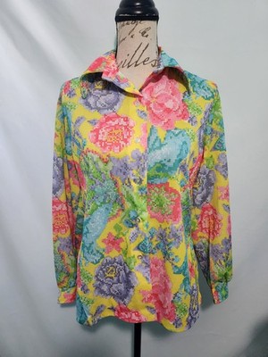 Vintage 1970s Beeline Fashions Pixelated Multi-Color Floral Button Shirt.