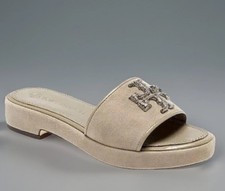 TORY BURCH ELEANOR CRYSTAL LOGO HEELED SLIDE GRAY HERON SUEDE SZ US 8 NIB