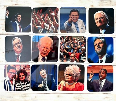 Televangelist Coaster Set Funny Religious TV Preachers Humor 12 Coasters w Holde
