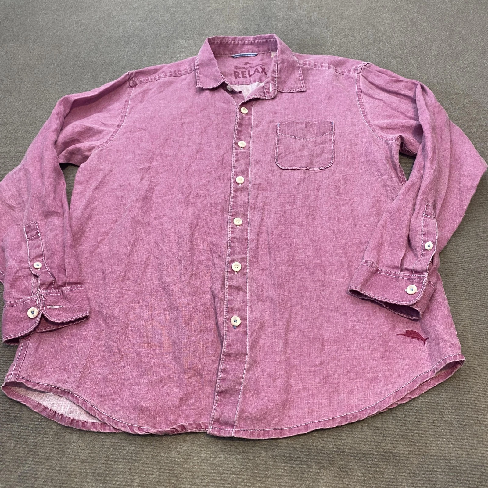 Tommy Bahama Shirt Mens Large Purple Linen Relax Long Sleeve Casual Embroidered