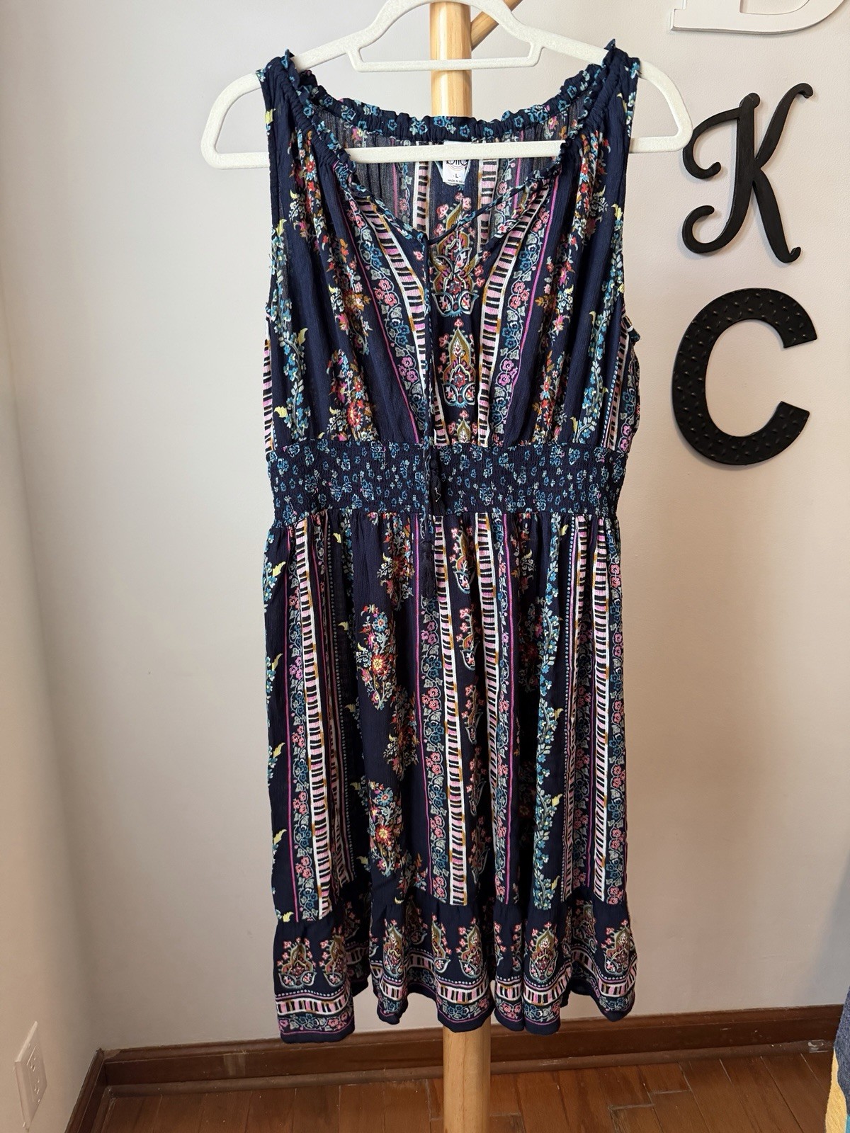 Bila Sleeveless Peasant Dress Size Large Boho Navy Floral Ruffles Gauzy Sundress