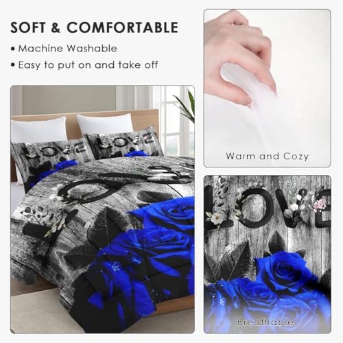 Comforter Set Size with 2 Pillowcases, Dark Blue Rose Flower 3 Queen Multi 21 - Picture 5 of 6