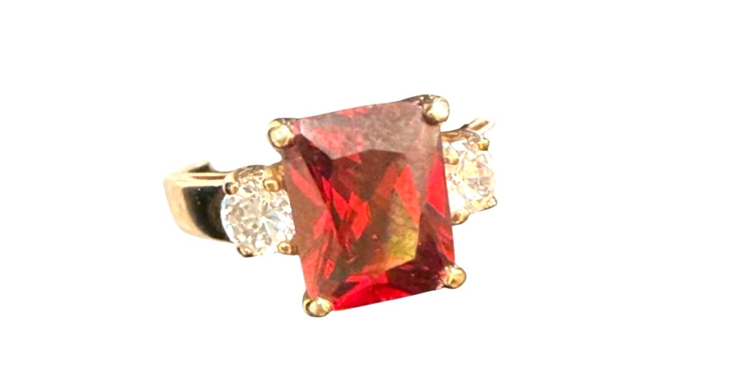 Gold Ring With Rectangular Red Gemstone & Two Whi… - image 1