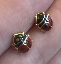 Womens Earrings 14K Gold Red Black Enamel Lady Bug Studs Pierced 1g Free Ship