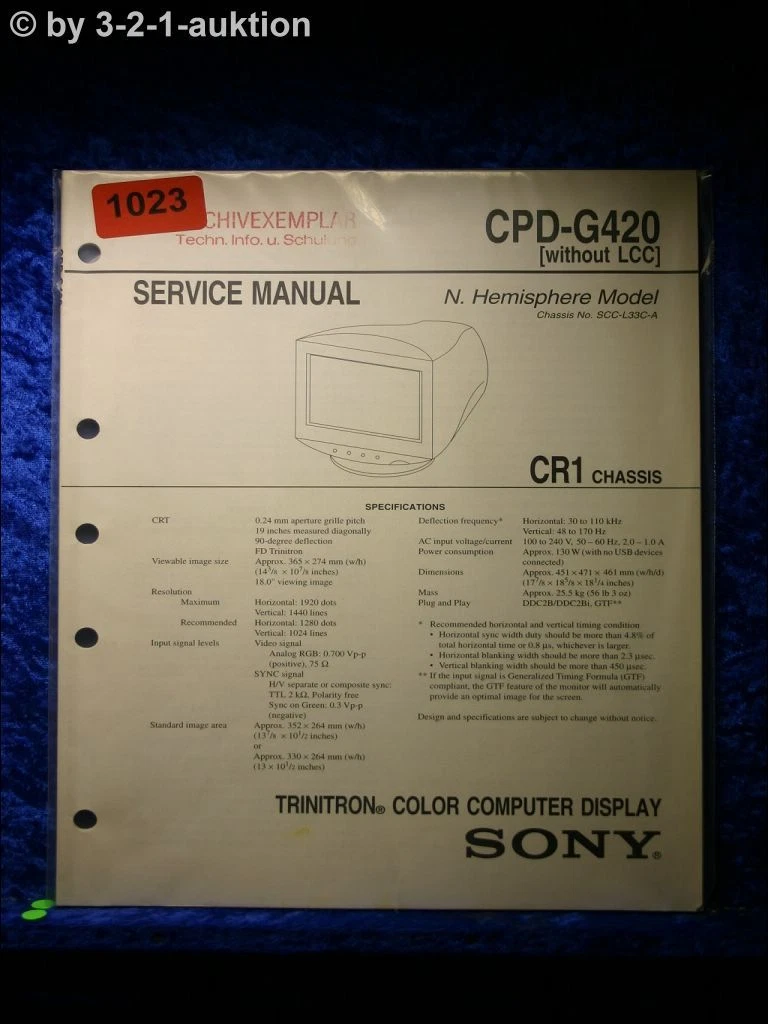 Sony Service Manual Cpd G420 Color Computer Display (#1023)