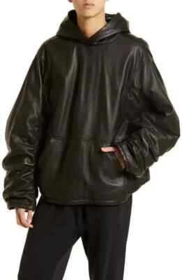Premium Men's Oversized Bomber Genuine Lambskin Black Leather Jacket with Hooded